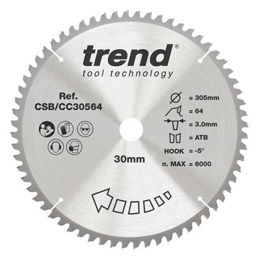 Trend 305 x 30 x 64T, Cross-Cut Craft Saw Blade - CSB/CC30564
