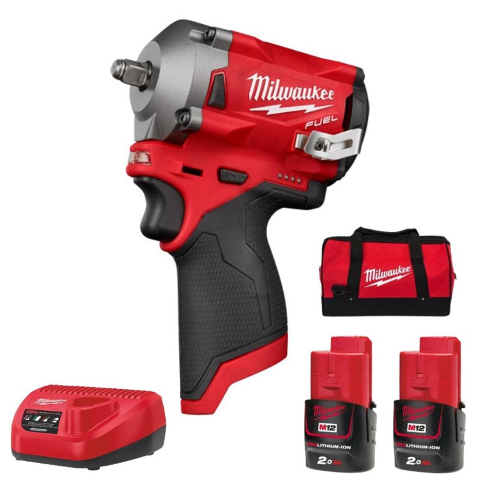 MILWAUKEE M12FIW38202B 12v 3/8" Stubby Impact Wrench Kit, 2 x 2.0Ah