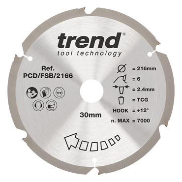 TREND PCD/FSB/2166 Fibreboard Sawblade, 216mm x 6T x 30mm