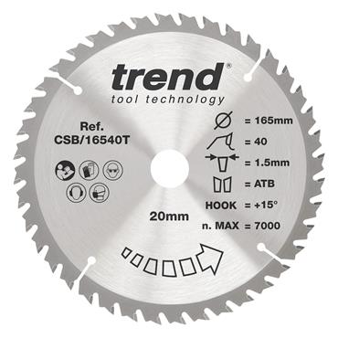 TREND 165x20x40T Craft Pro Fine Finish Cut Thin Kerf Saw Blade for Cordless Circular Saw- CSB/16540T