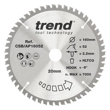 TREND 160 x 20 x 52T Craft Saw Blade Aluminium and Plastic - CSB/AP16052
