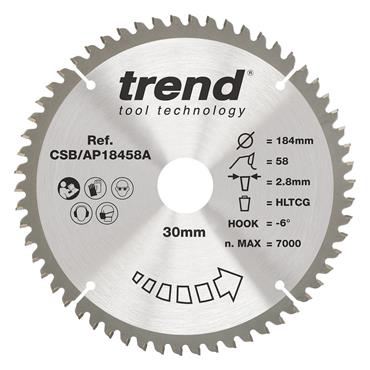 TREND CSB/AP18458A Craft Saw Blade 184mm x 58 Teeth x 30 Aluminium and Plastic