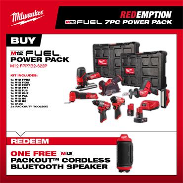 MILWAUKEE M12FPP7B2-622P 12V  Fuel 7 Piece Power Pack Kit, 1 x 6.0Ah & 1 x 2.0Ah Batteries
