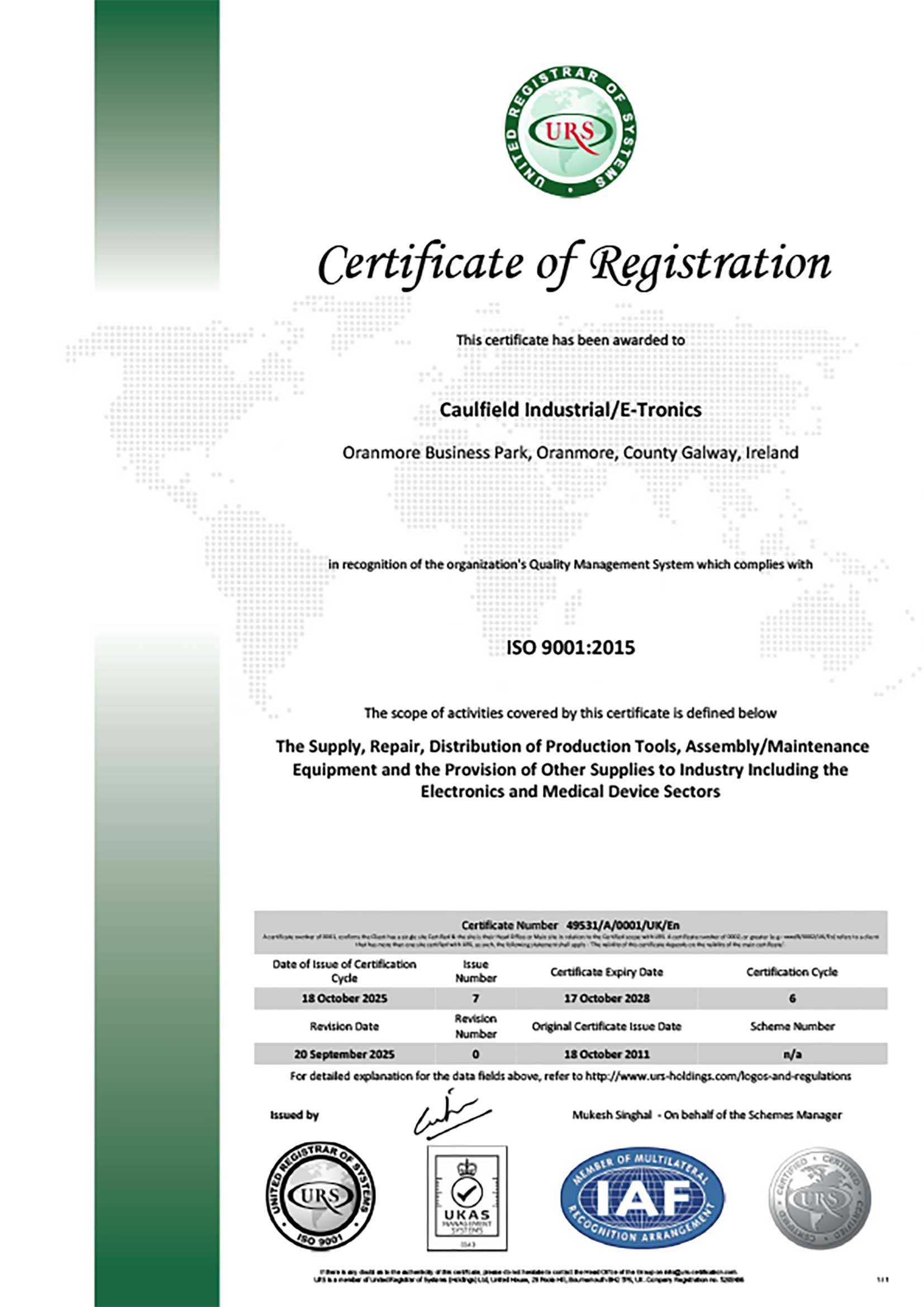 ISO9001 Certificate for Caulfield Industrial